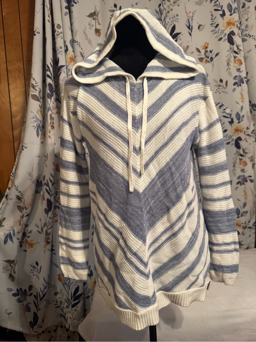 Chaps Blue & Cream Striped Hooded Sweater